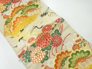 アンティーク　鶴に扇・菊模様織出し丸帯（着用可）